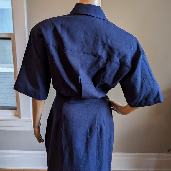 Vintage 80s Allison Smith Navy Blue Midi Dress Nautical Preppy Crest Size 10 - Picture 11 of 12